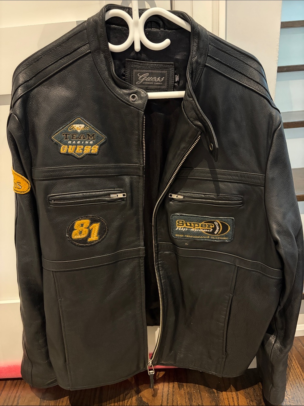 Guess Black Leather Bomber Jacket with Yellow Patches (Vintage)